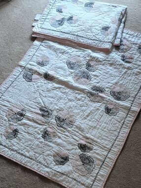 Two Pottery Barn Kids Crib Quilts with Pink and Gray Floral Embroidery